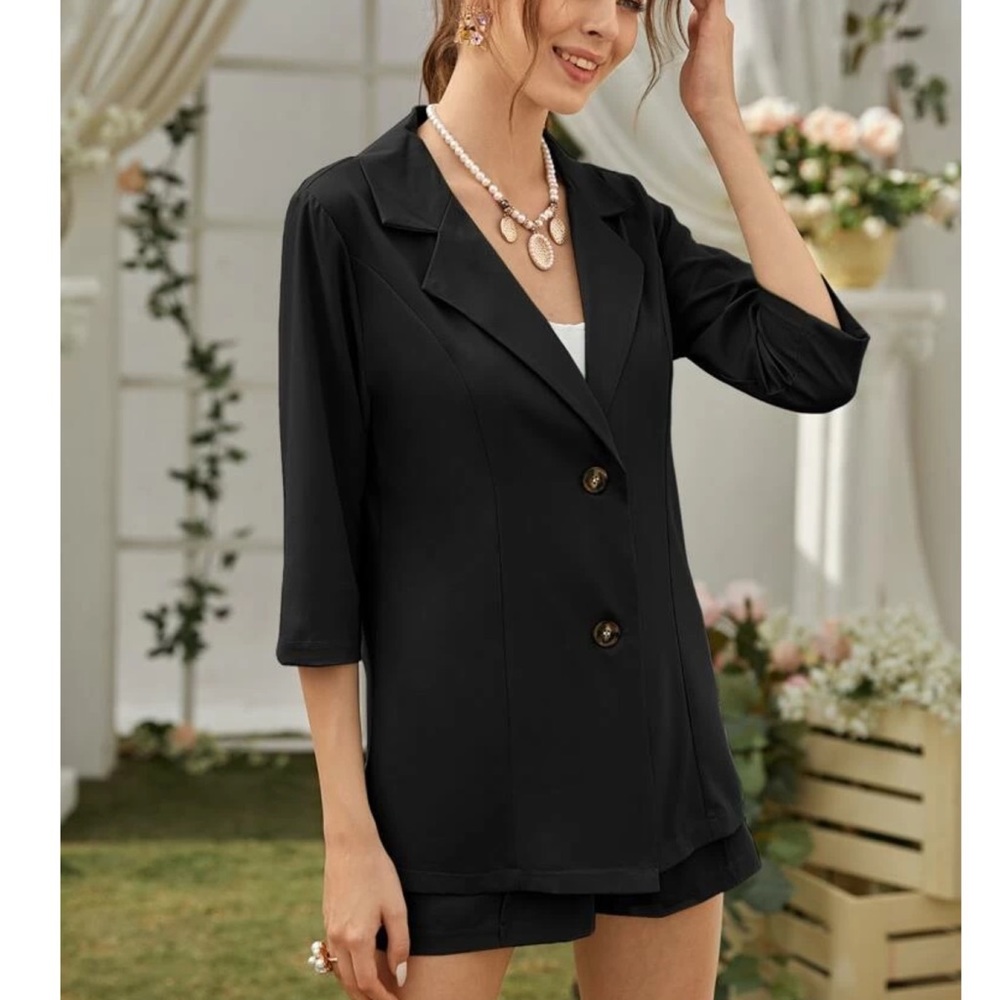 Single-Breasted Lapel Neck Solid Blazer & Shorts - image 3